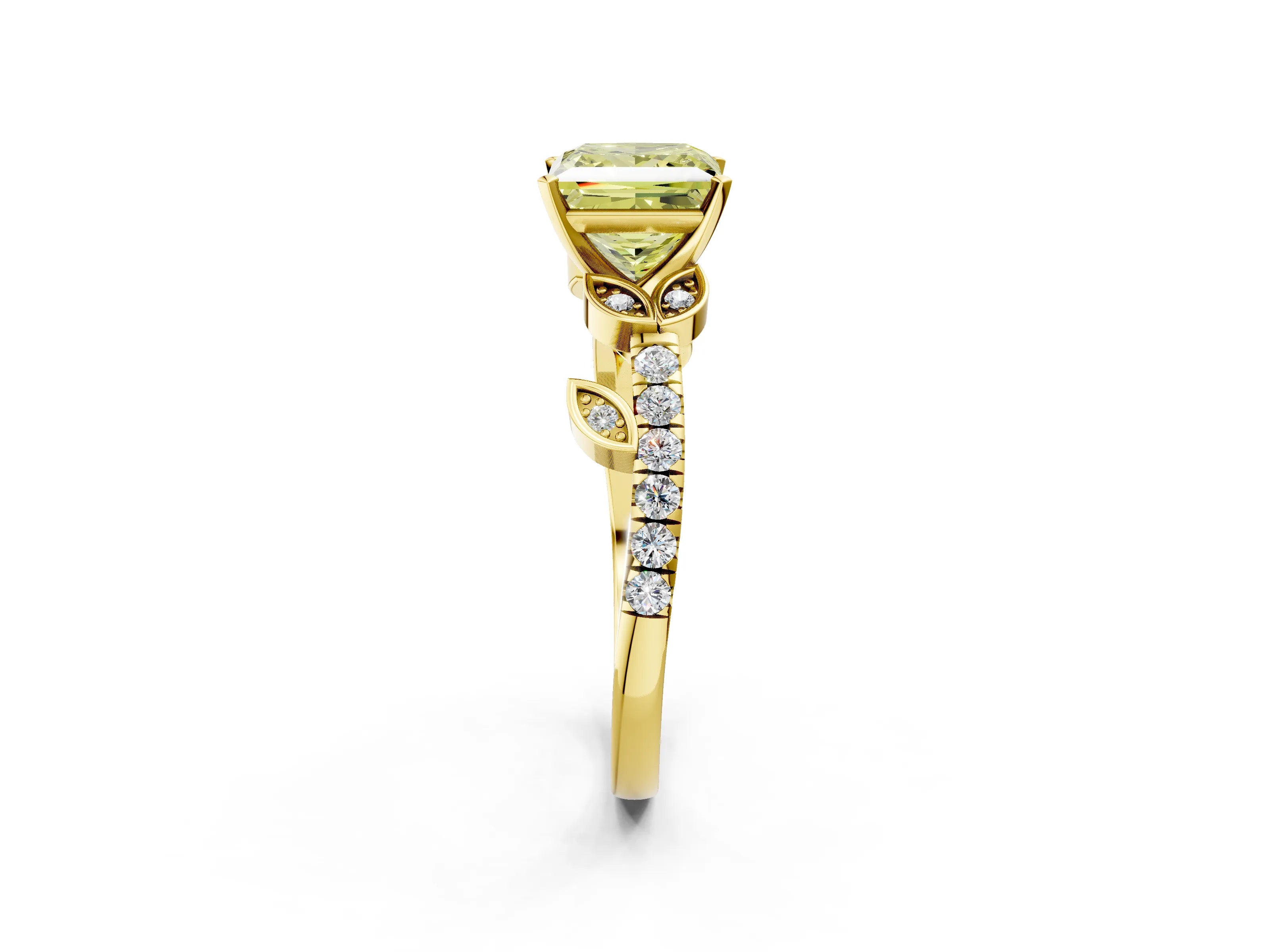Yellow gold Fancy Yellow Princess Cut Solitaire Leaf-Inspired Diamond Ring with Pavé Band and Four-Prong Setting_22