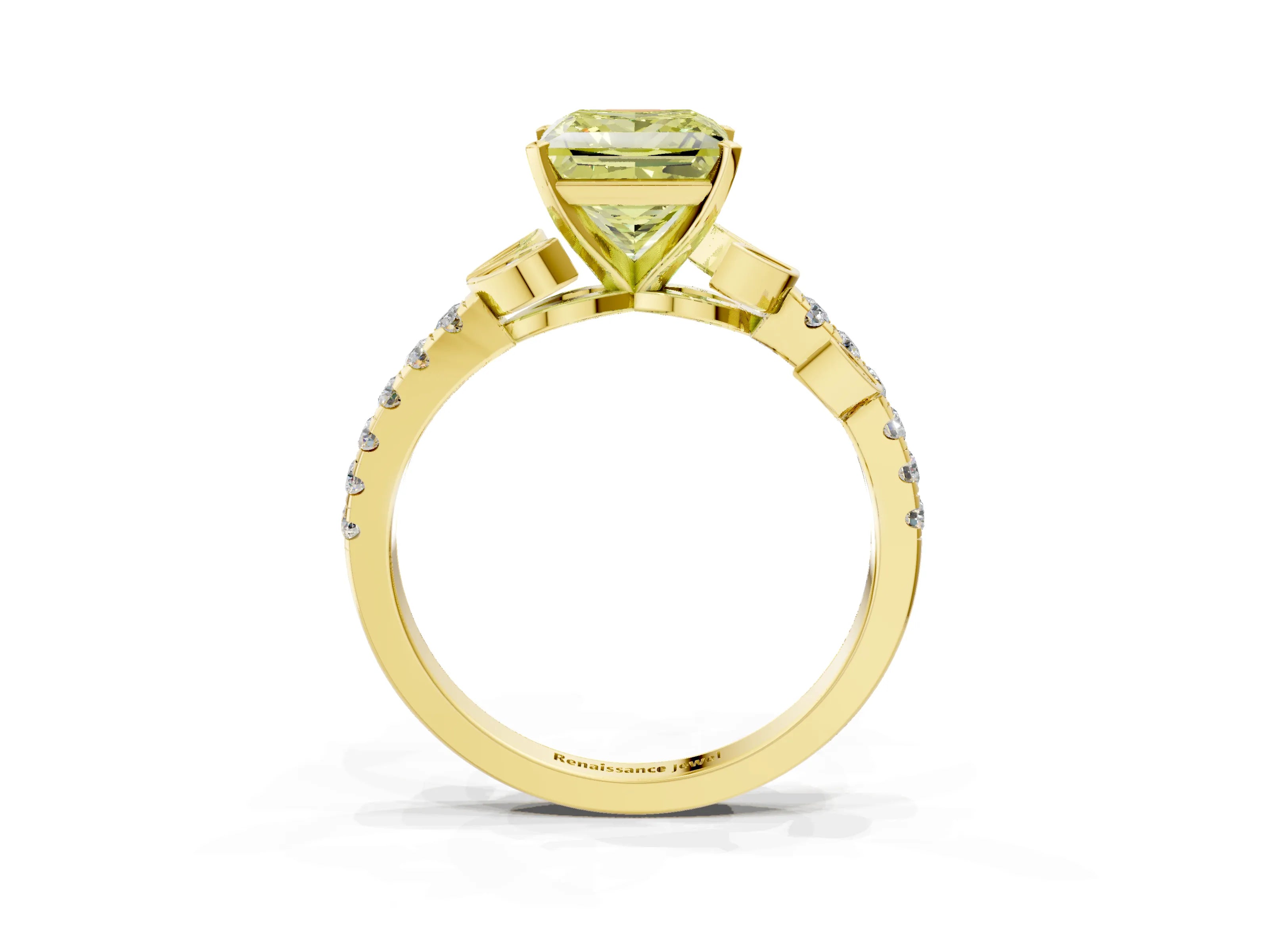 Yellow gold Fancy Yellow Princess Cut Solitaire Leaf-Inspired Diamond Ring with Pavé Band and Four-Prong Setting_23