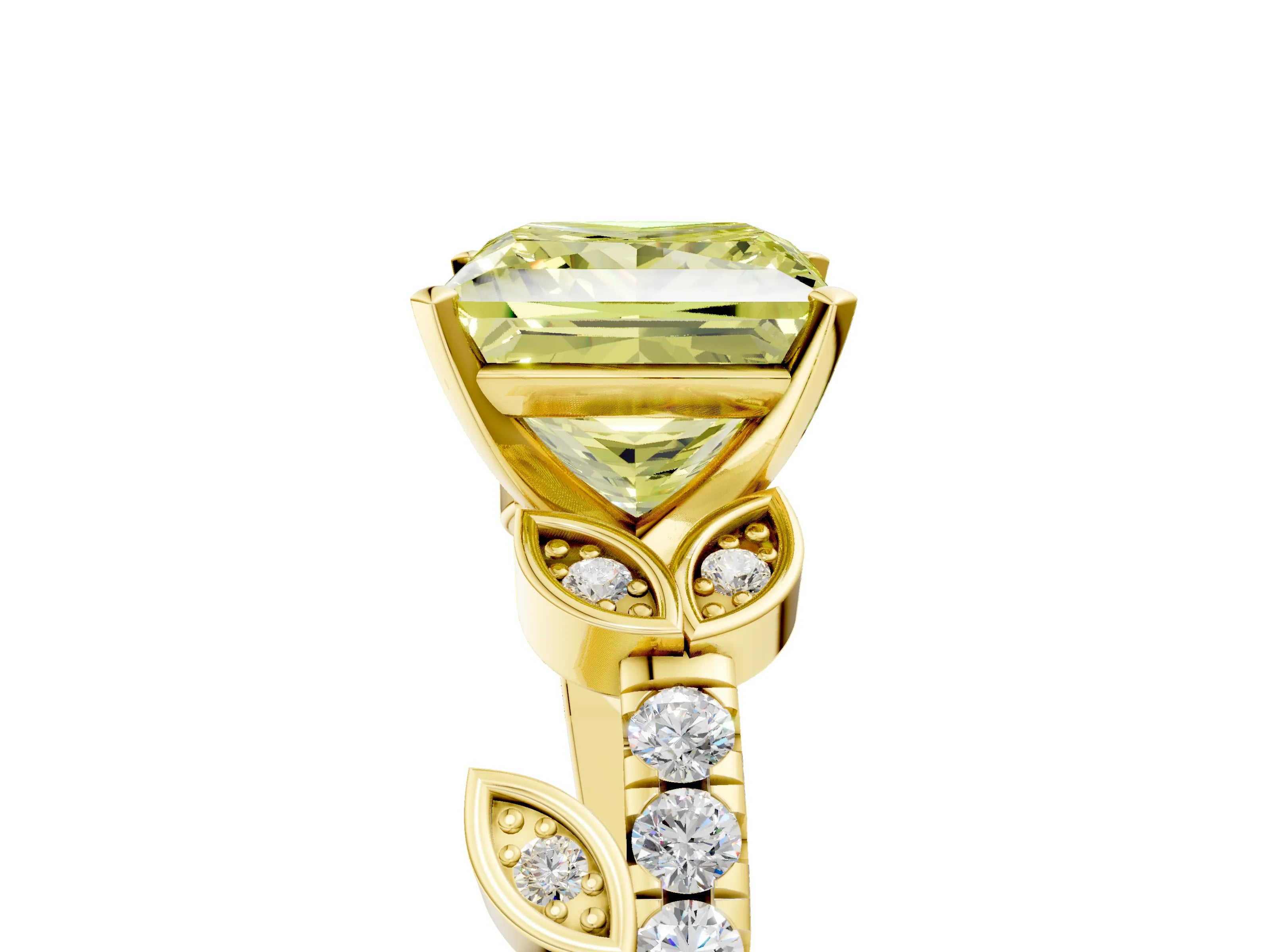 Yellow gold Fancy Yellow Princess Cut Solitaire Leaf-Inspired Diamond Ring with Pavé Band and Four-Prong Setting_25