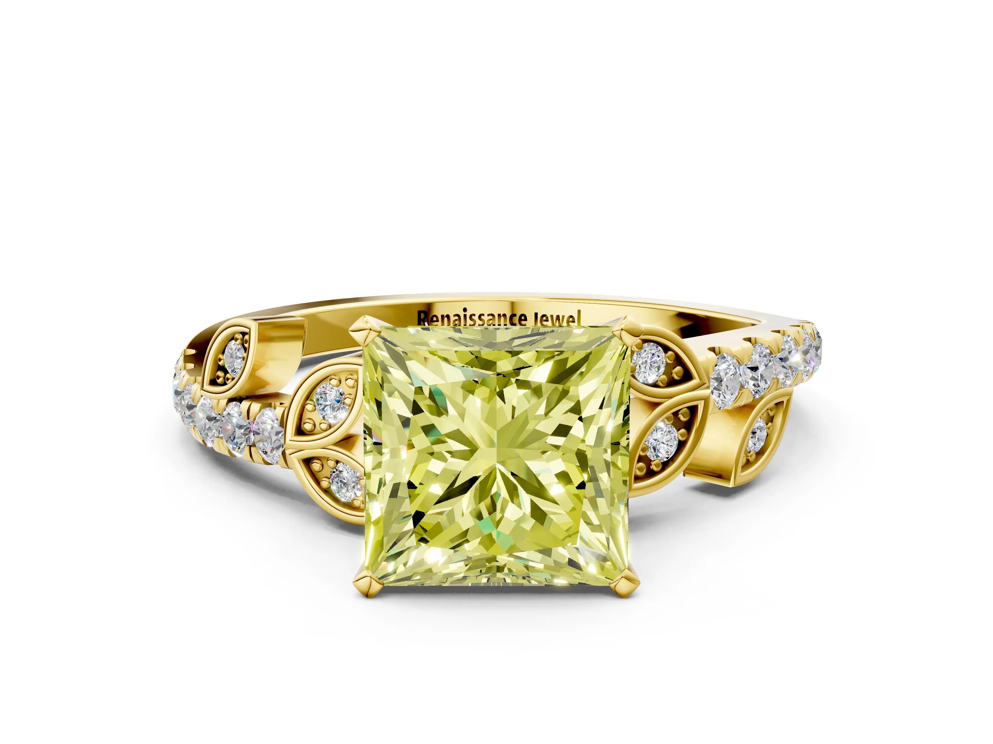 Yellow gold Fancy Yellow Princess Cut Solitaire Leaf-Inspired Diamond Ring with Pavé Band and Four-Prong Setting_8