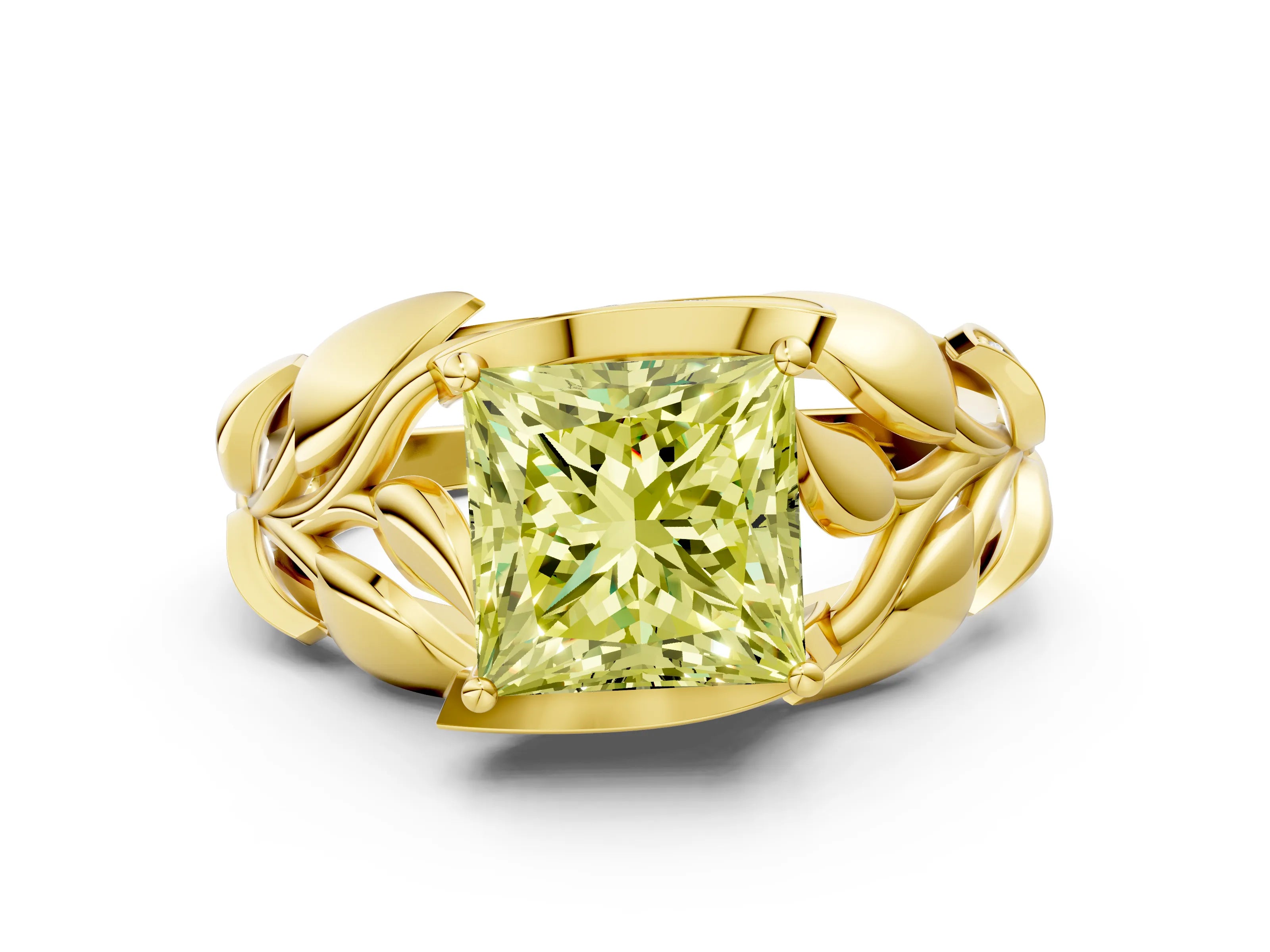 Yellow gold Fancy Yellow Princess Cut Solitaire Leaf-Inspired Engagement Ring with Prong Setting