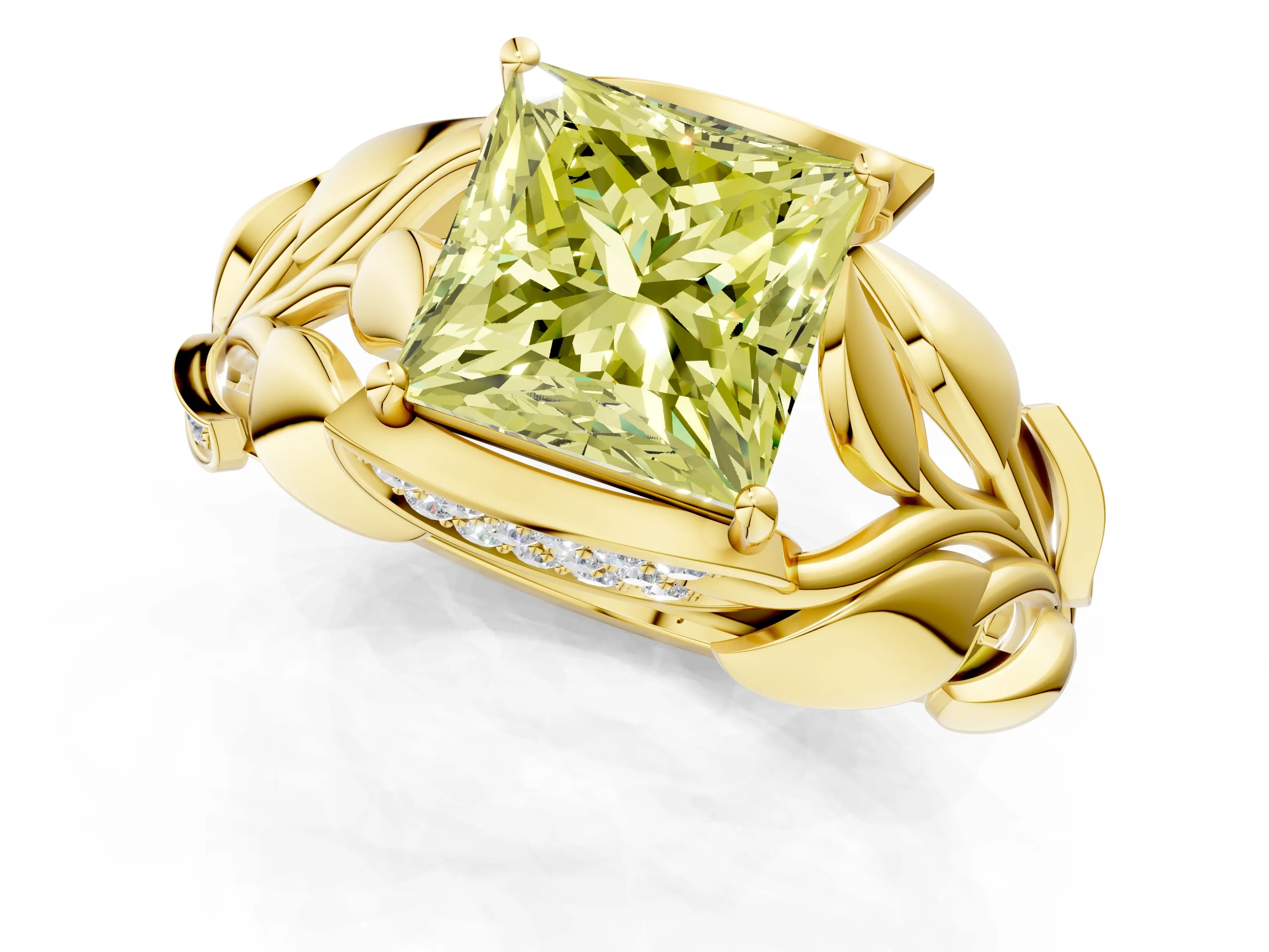 Yellow gold Fancy Yellow Princess Cut Solitaire Leaf-Inspired Engagement Ring with Prong Setting_1
