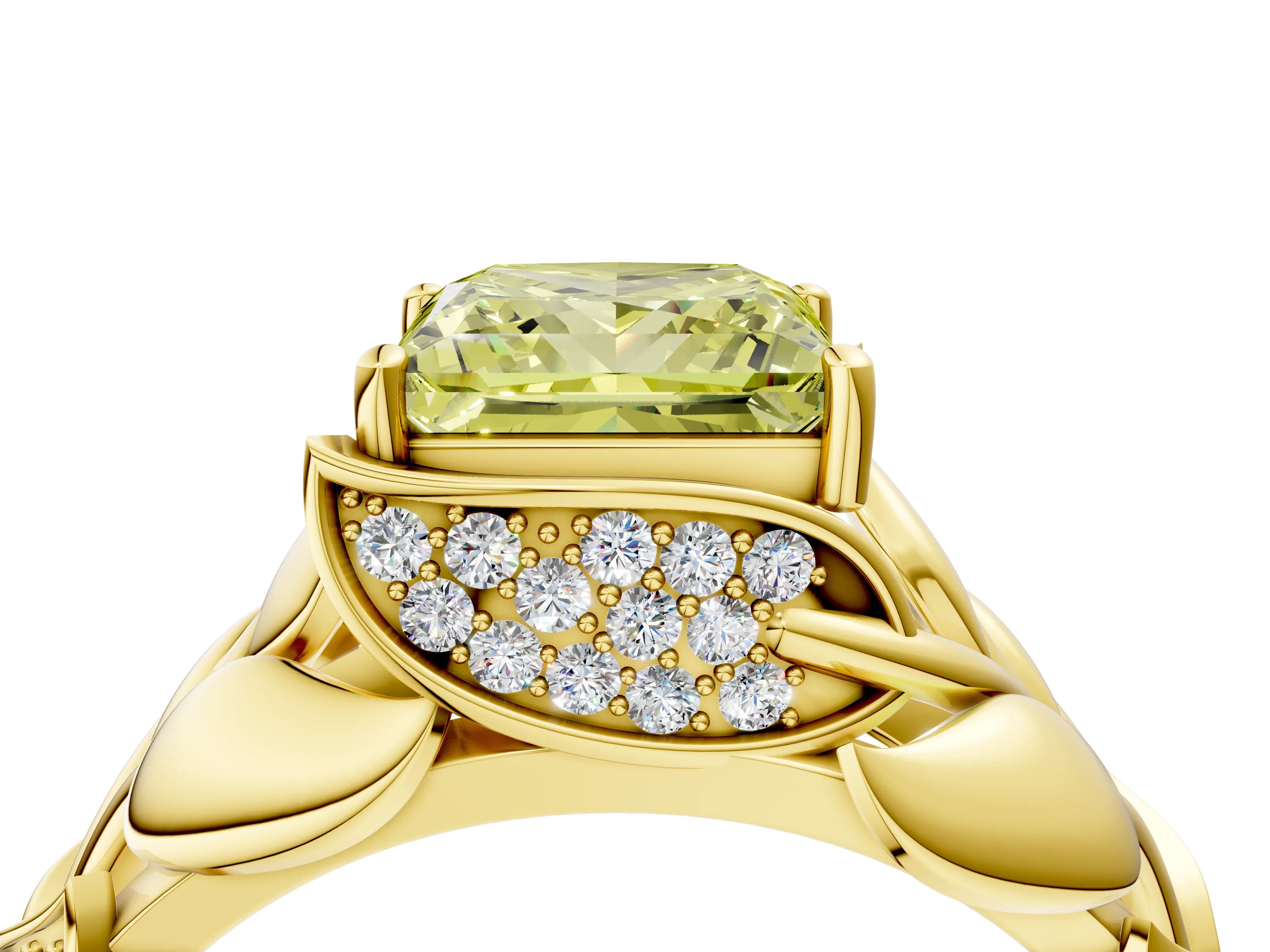 Yellow gold Fancy Yellow Princess Cut Solitaire Leaf-Inspired Engagement Ring with Prong Setting_4