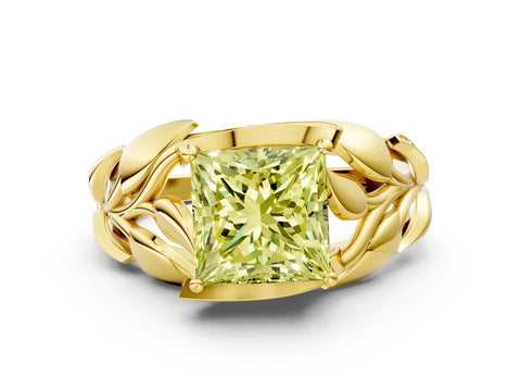 Yellow gold Fancy Yellow Princess Cut Solitaire Leaf-Inspired Engagement Ring with Prong Setting