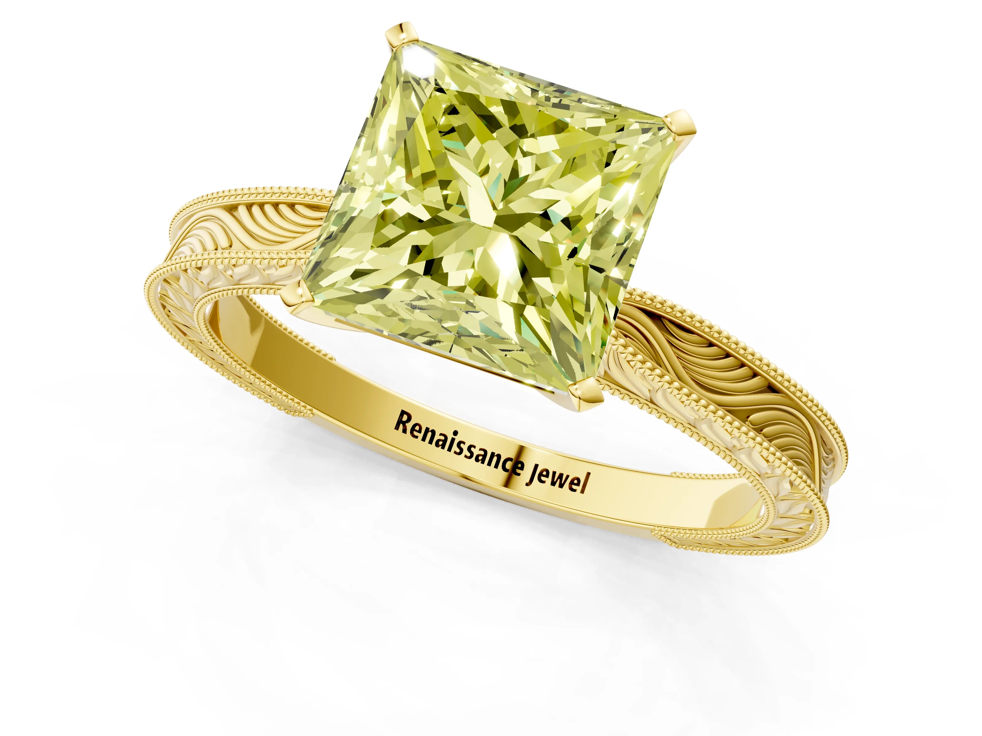 Yellow gold Fancy Yellow Princess Cut Solitaire Milgrain Engraved Band with Four-Prong Setting_1