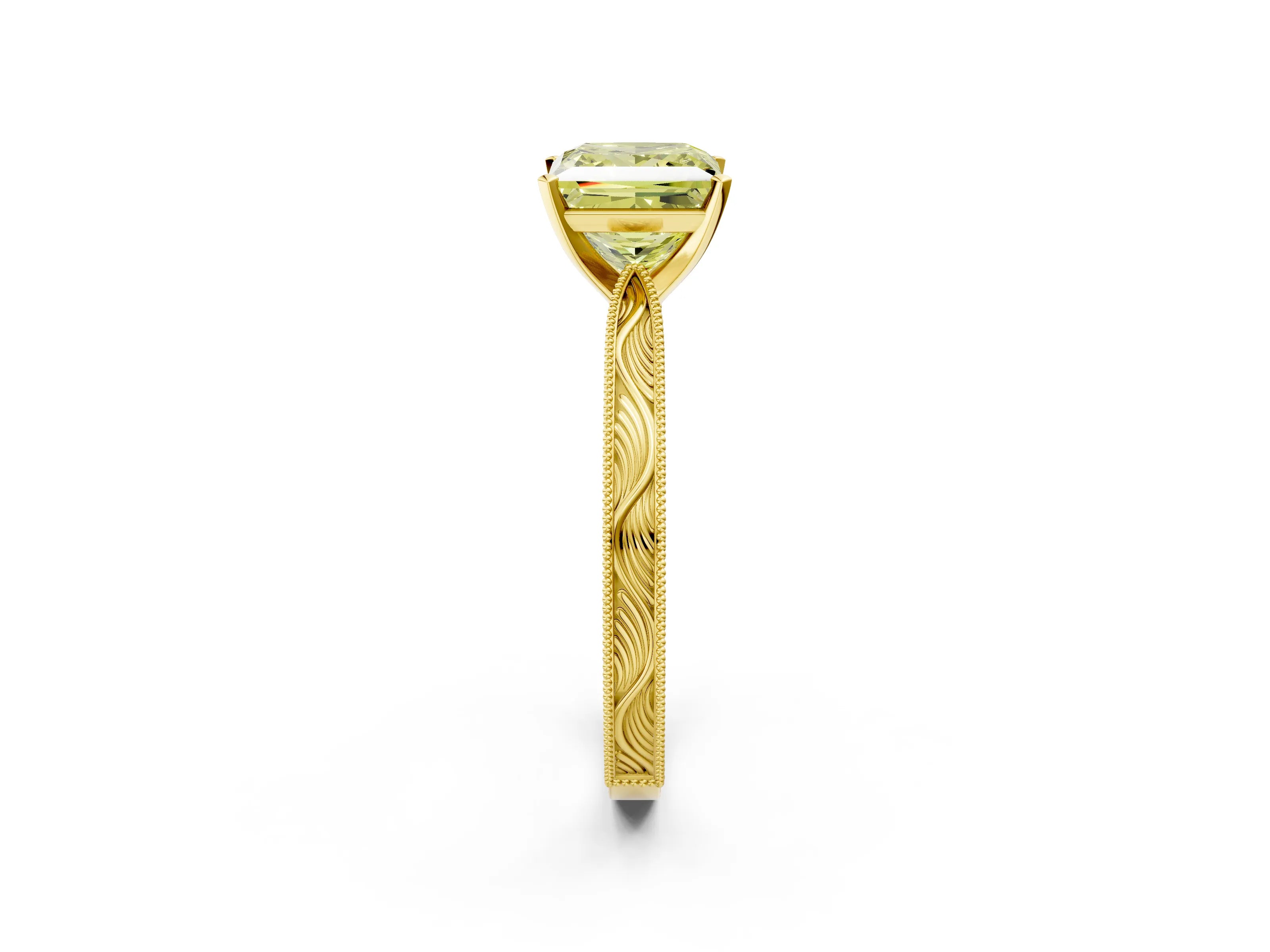 Yellow gold Fancy Yellow Princess Cut Solitaire Milgrain Engraved Band with Four-Prong Setting_2
