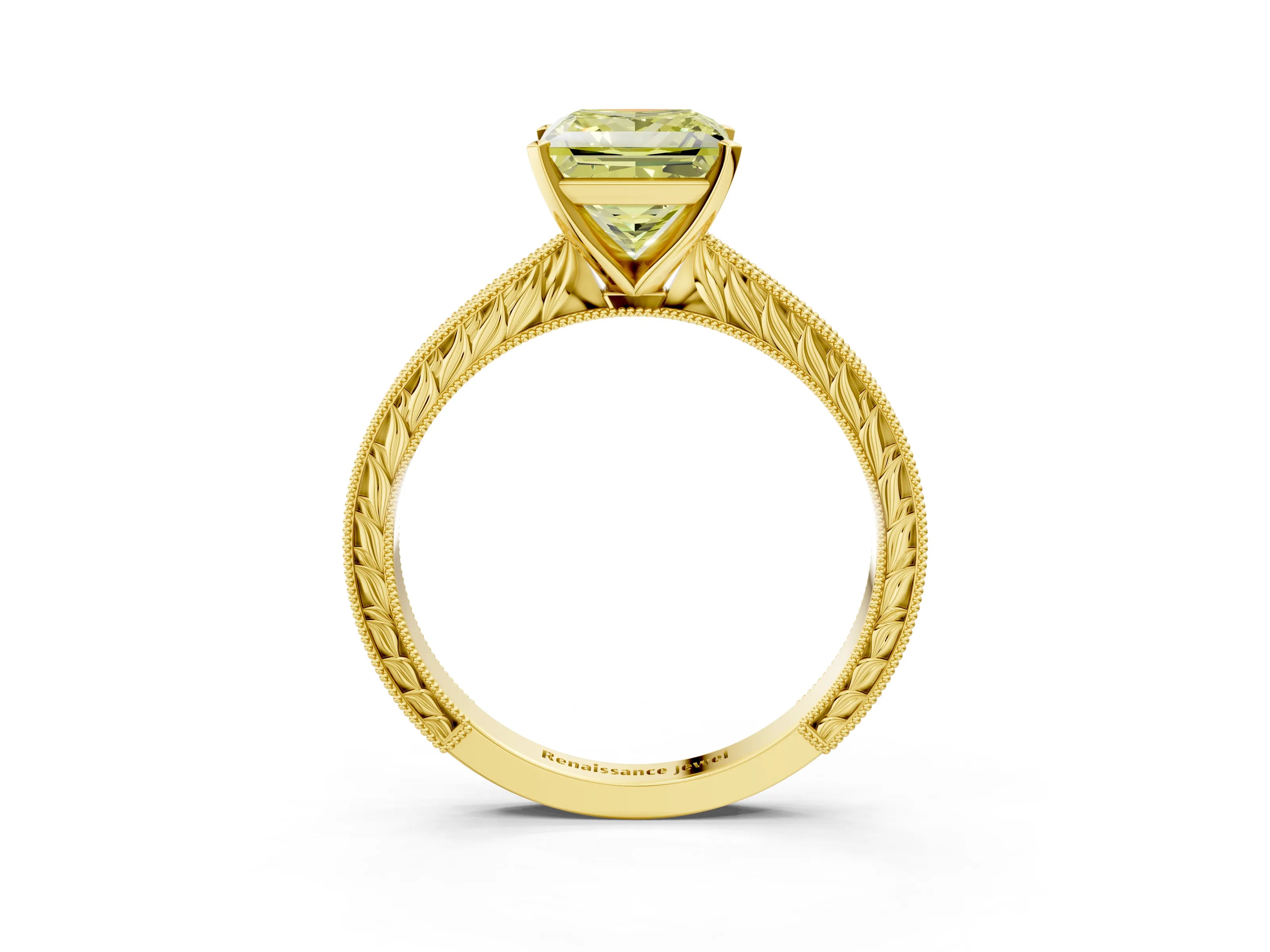 Yellow gold Fancy Yellow Princess Cut Solitaire Milgrain Engraved Band with Four-Prong Setting_3