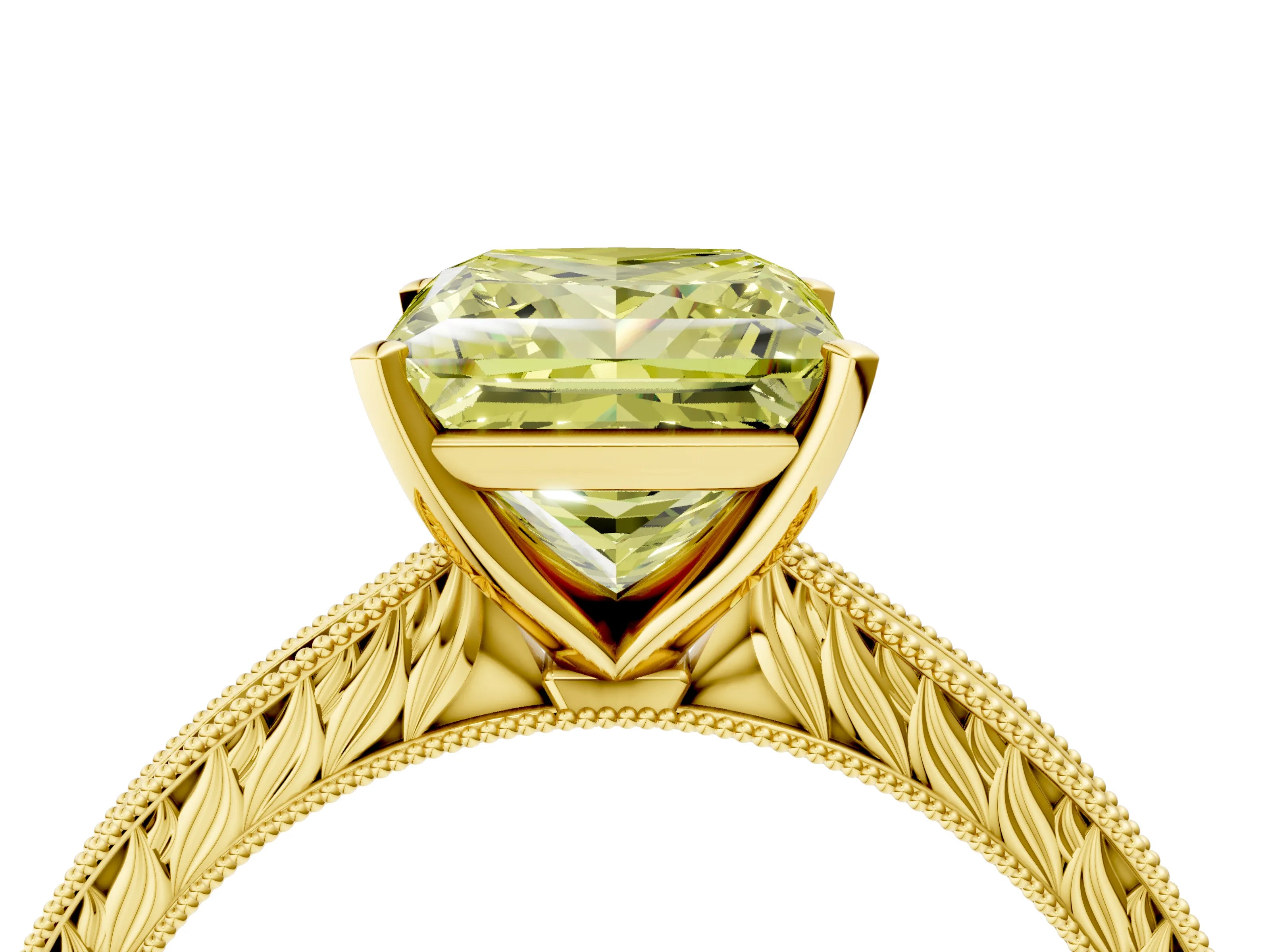 Yellow gold Fancy Yellow Princess Cut Solitaire Milgrain Engraved Band with Four-Prong Setting_4