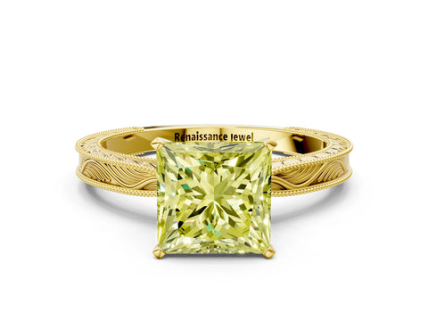 Yellow gold Fancy Yellow Princess Cut Solitaire Milgrain Engraved Band with Four-Prong Setting