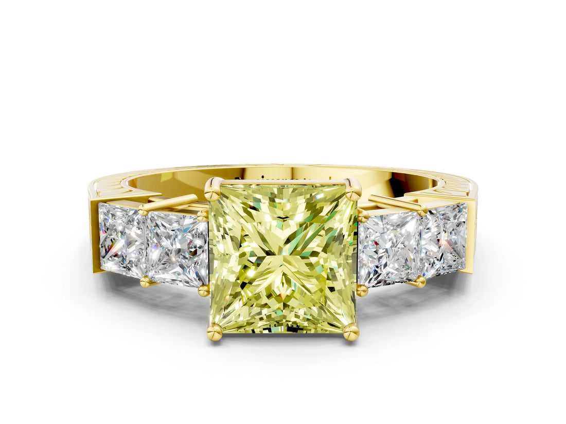 Yellow gold Fancy Yellow Princess Cut Solitaire Princess Side Stone Engraved Band Prong Setting Ring