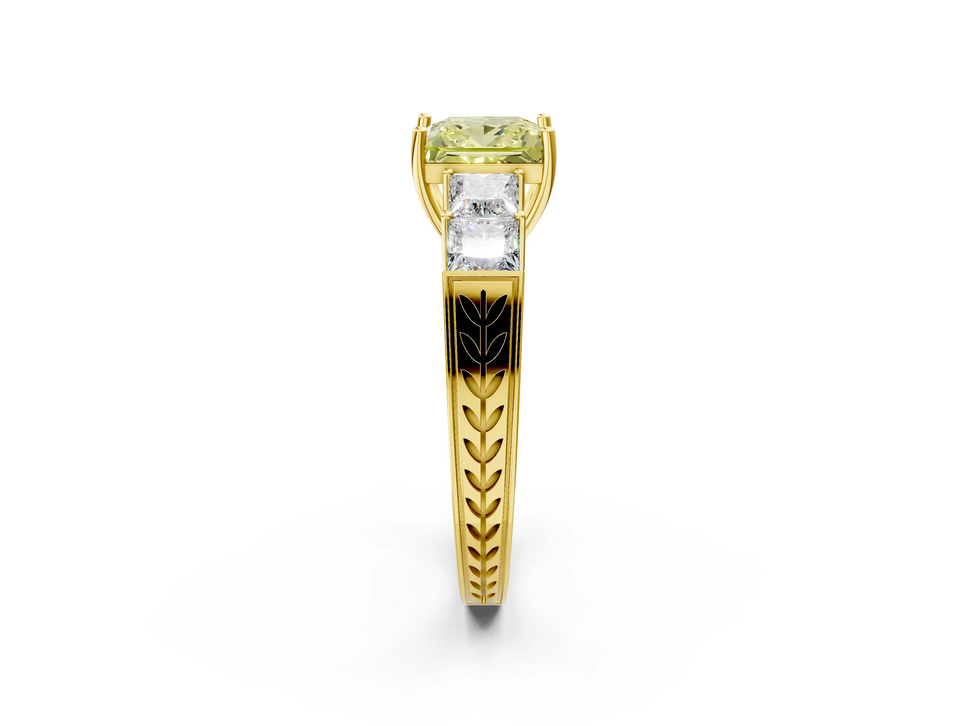 Yellow gold Fancy Yellow Princess Cut Solitaire Princess Side Stone Engraved Band Prong Setting Ring_2