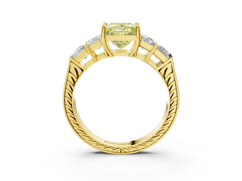 Yellow gold Fancy Yellow Princess Cut Solitaire Princess Side Stone Engraved Band Prong Setting Ring_3