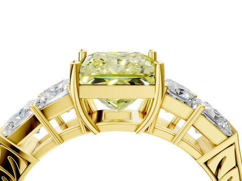 Yellow gold Fancy Yellow Princess Cut Solitaire Princess Side Stone Engraved Band Prong Setting Ring_4