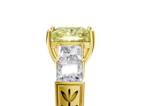 Yellow gold Fancy Yellow Princess Cut Solitaire Princess Side Stone Engraved Band Prong Setting Ring_5