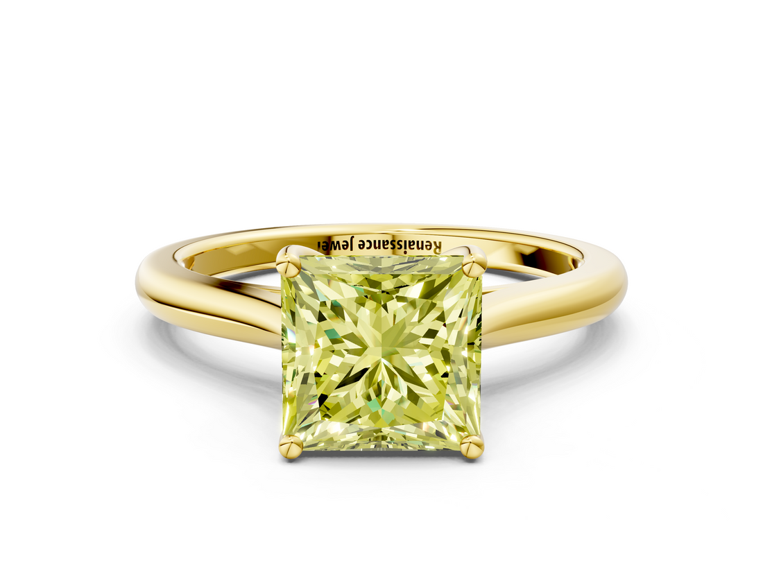 Yellow gold Fancy Yellow Princess  Cut Solitaire Ring with Cathedral Band and Four-Prong Setting