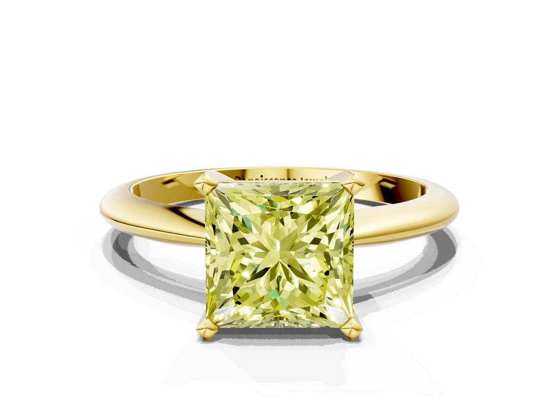 Yellow gold Fancy Yellow Princess  Cut Solitaire Ring with Four-Prong Setting on a Classic Band