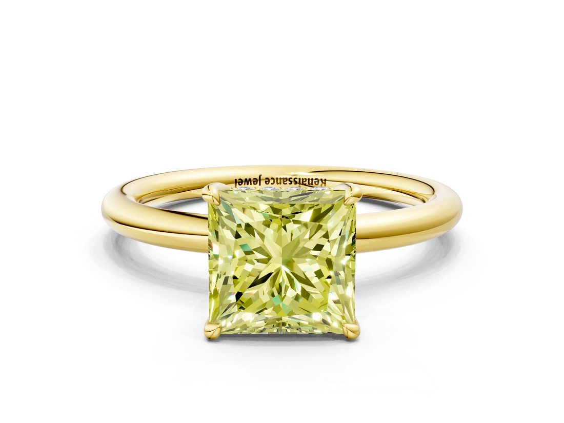 Yellow gold Fancy Yellow Princess  Cut Solitaire Ring with Thin Band and Four-Prong Setting