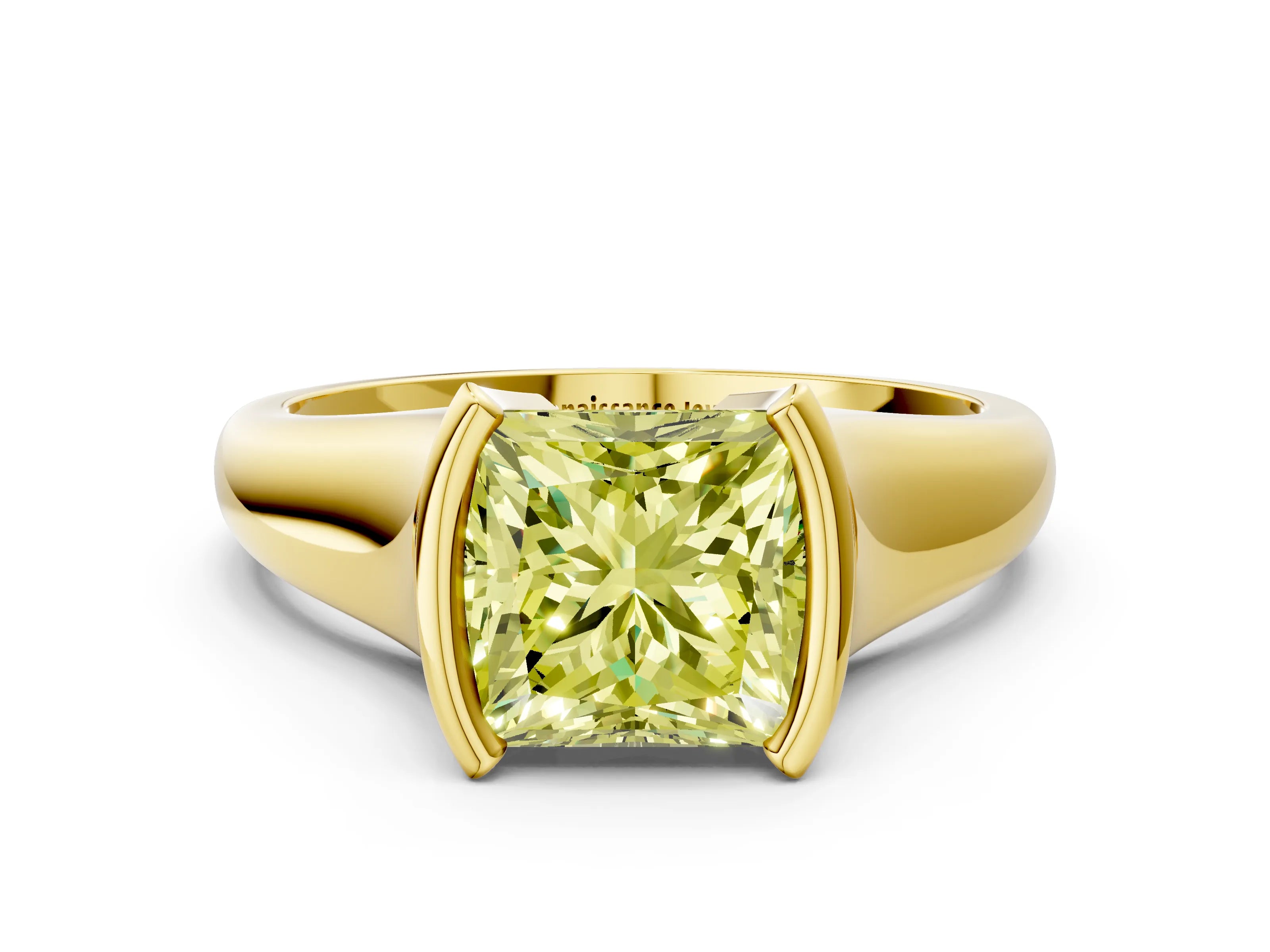 Yellow gold Fancy Yellow Princess Cut Solitaire Tension Set Diamond Ring with Split Shank Band
