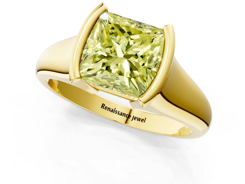 Yellow gold Fancy Yellow Princess Cut Solitaire Tension Set Diamond Ring with Split Shank Band_1