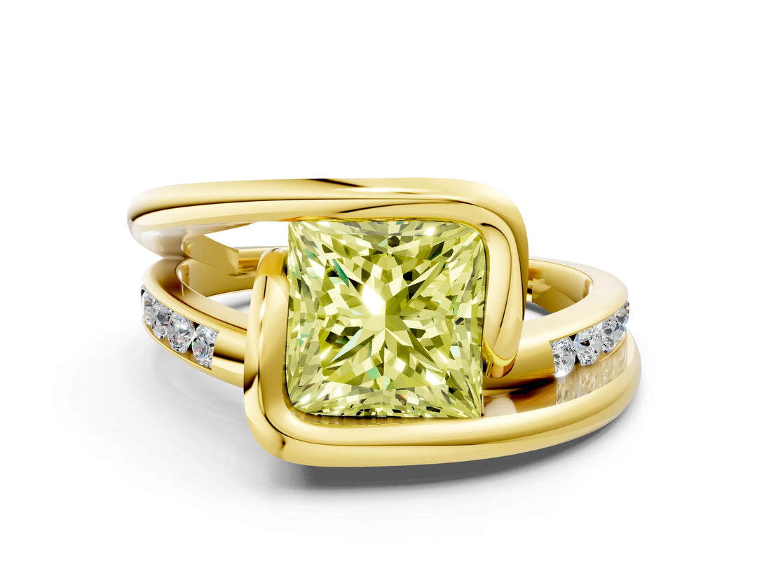 Yellow gold Fancy Yellow Princess Cut Solitaire Tension-Set Diamond Split Shank Ring