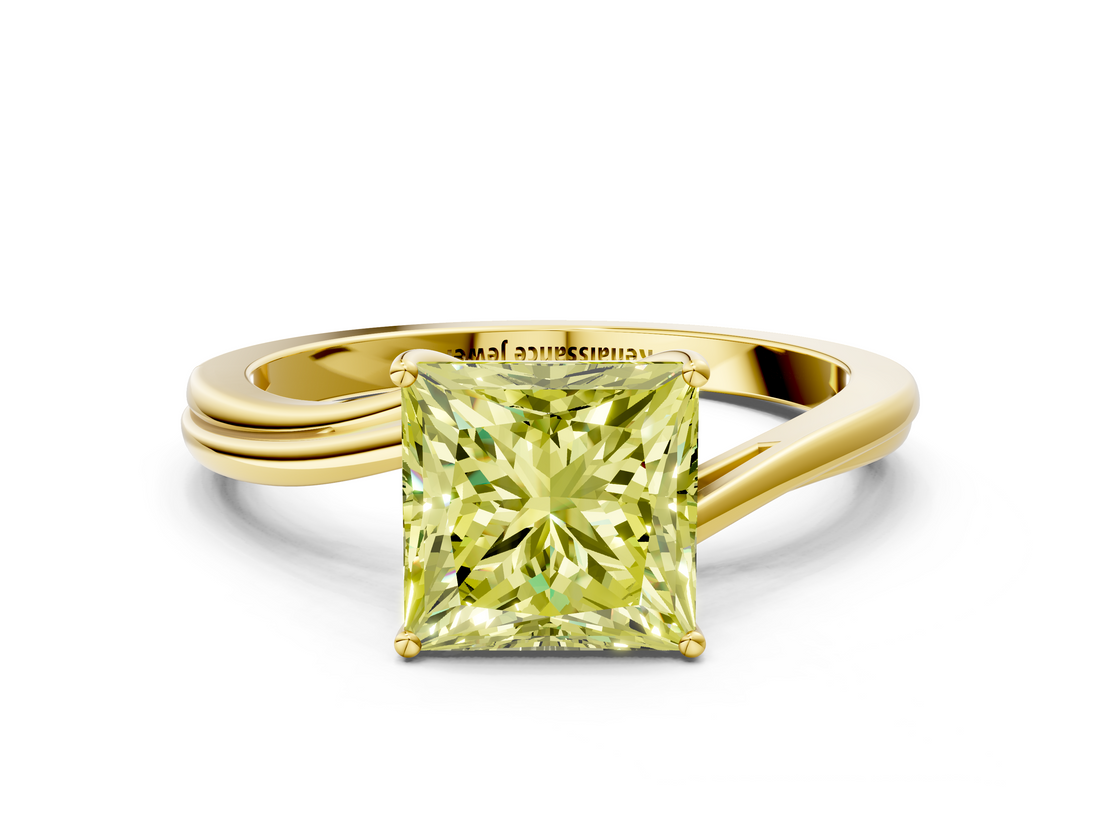 Yellow gold Fancy Yellow Princess  Cut Solitaire Twist Band Ring with Four-Prong Setting