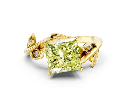 Yellow gold Fancy Yellow Princess Cut Solitaire Twist Engagement Ring with Leaf Accents and Prong Setting_13