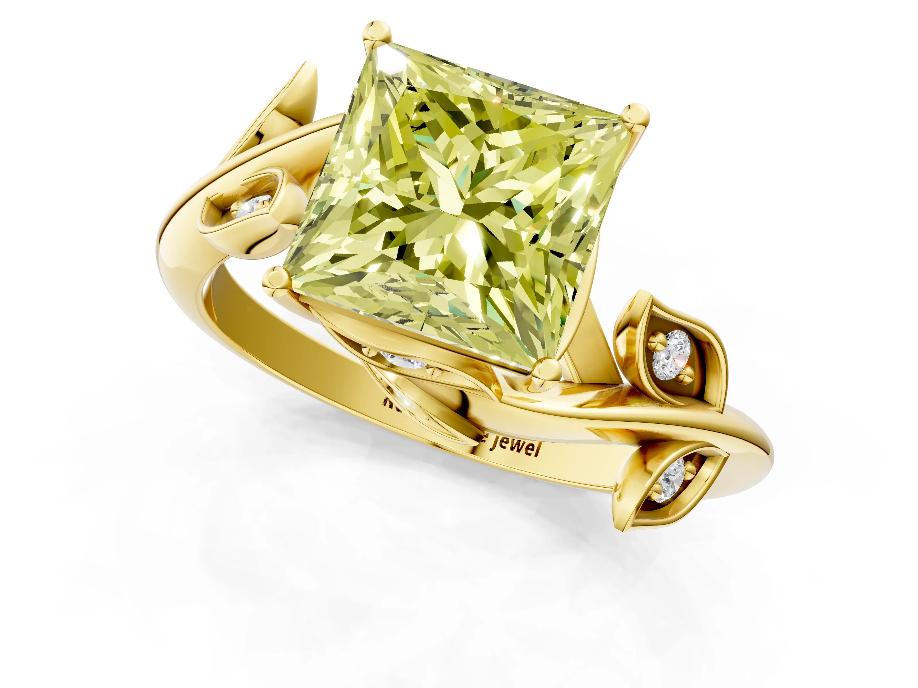 Yellow gold Fancy Yellow Princess Cut Solitaire Twist Engagement Ring with Leaf Accents and Prong Setting_14