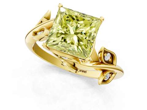 Yellow gold Fancy Yellow Princess Cut Solitaire Twist Engagement Ring with Leaf Accents and Prong Setting_14