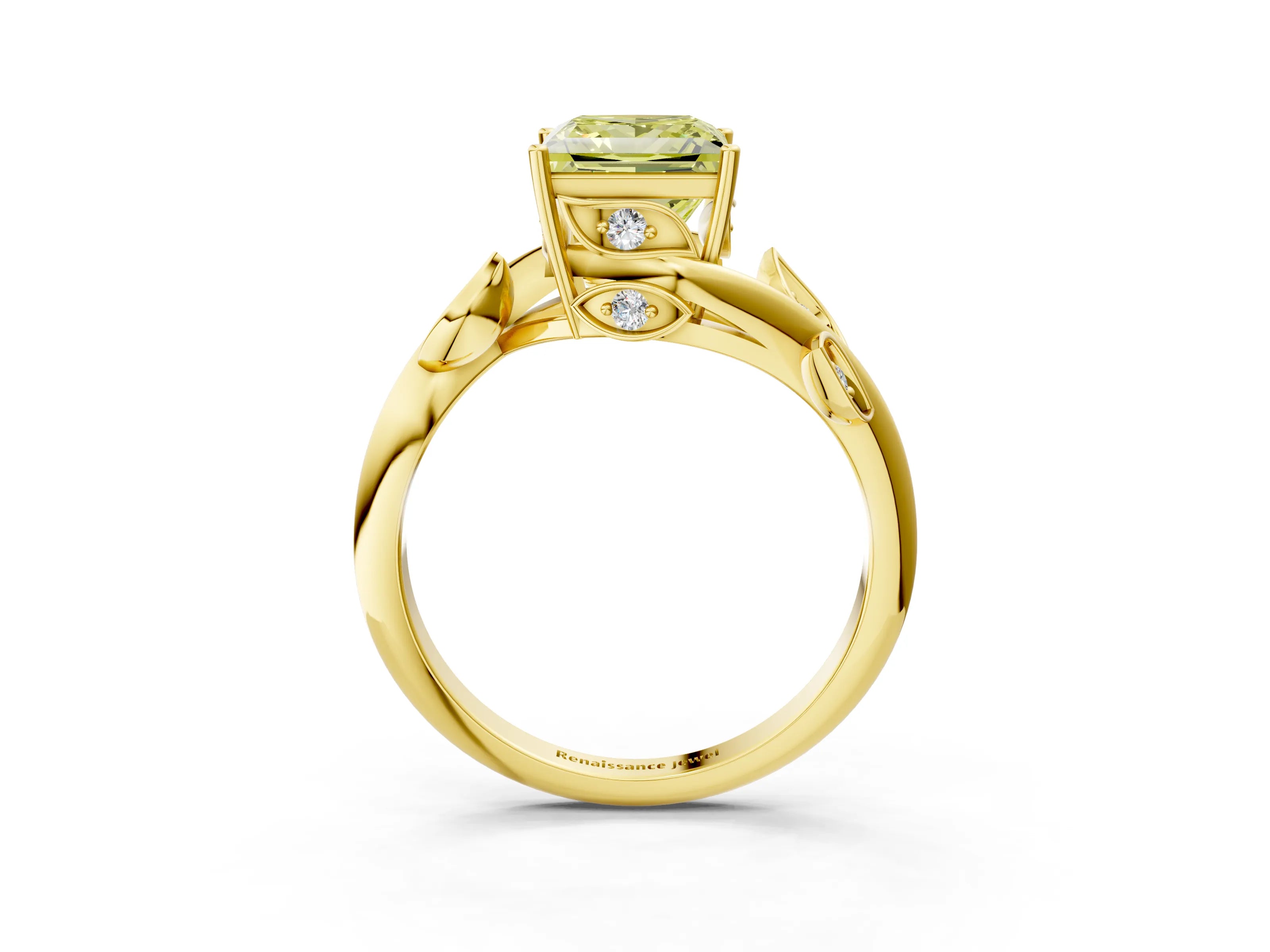 Yellow gold Fancy Yellow Princess Cut Solitaire Twist Engagement Ring with Leaf Accents and Prong Setting_16