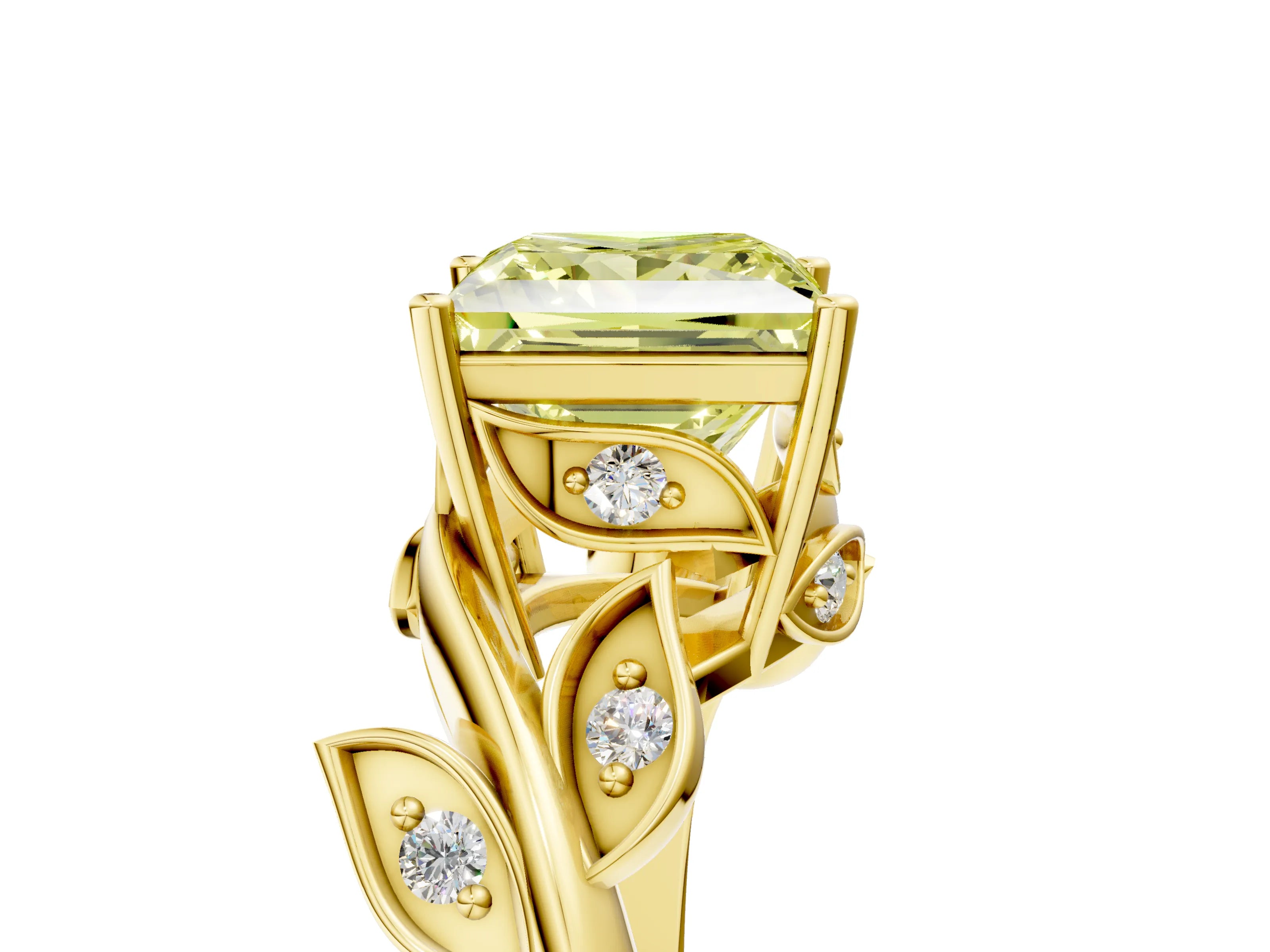 Yellow gold Fancy Yellow Princess Cut Solitaire Twist Engagement Ring with Leaf Accents and Prong Setting_18
