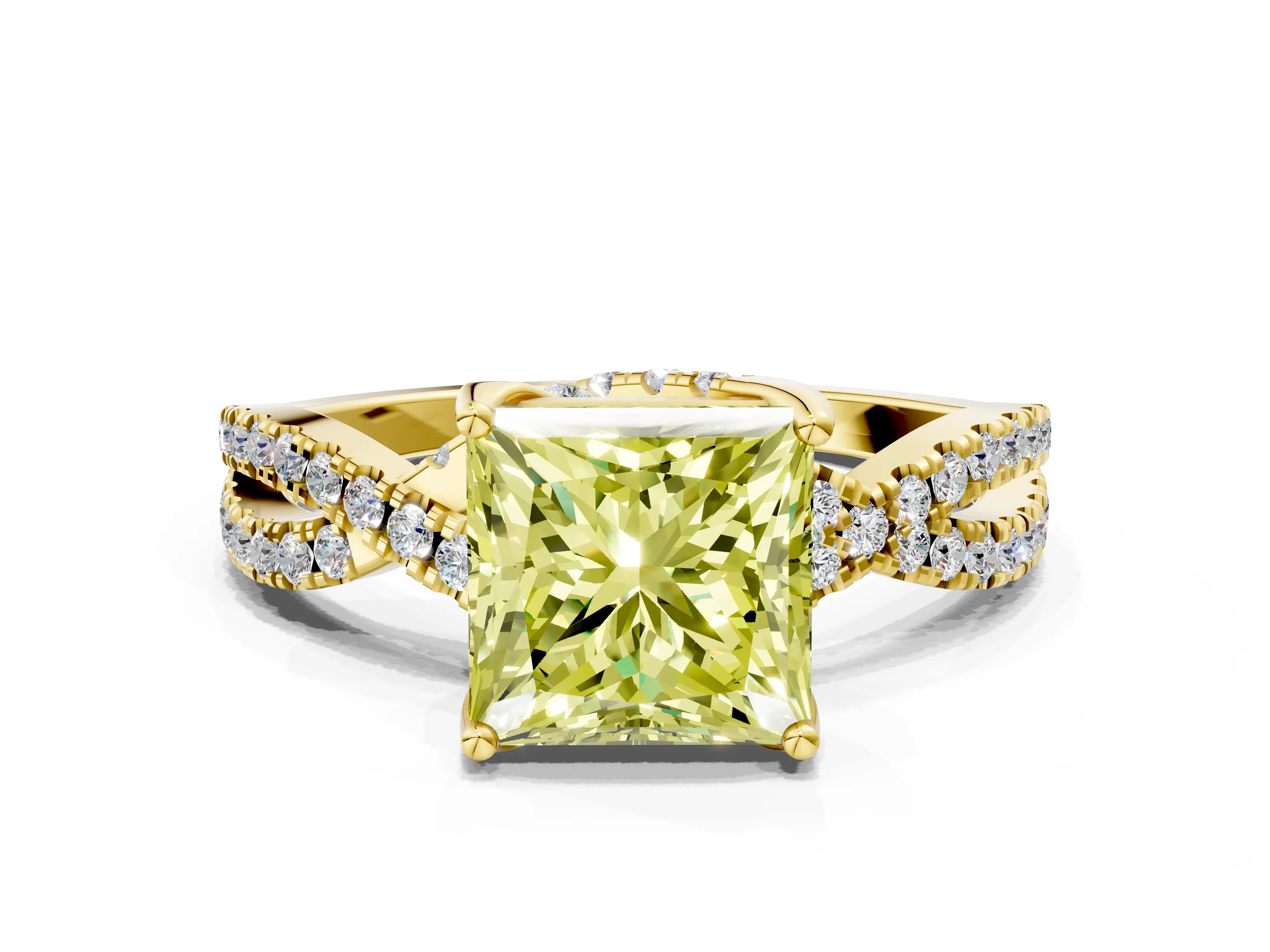 Yellow gold Fancy Yellow Princess Cut Solitaire Twist Pave Diamond Engagement Ring with Prong Setting
