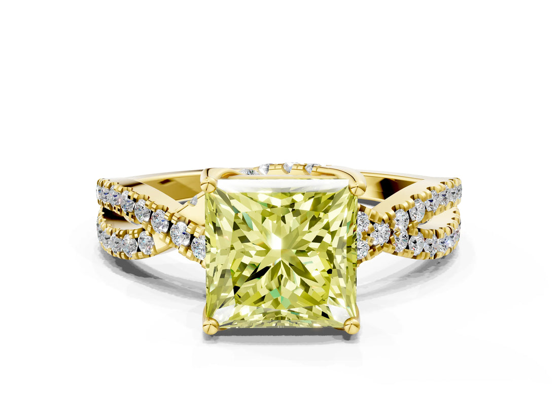 Yellow gold Fancy Yellow Princess Cut Solitaire Twist Pave Diamond Engagement Ring with Prong Setting