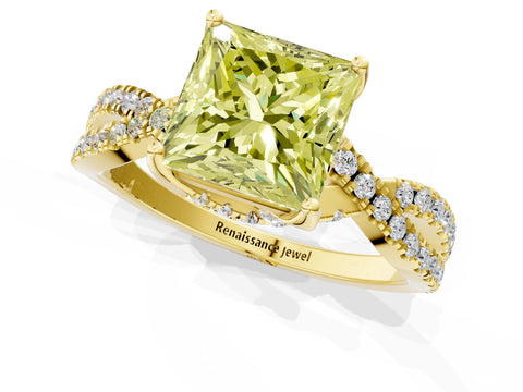 Yellow gold Fancy Yellow Princess Cut Solitaire Twist Pave Diamond Engagement Ring with Prong Setting_1
