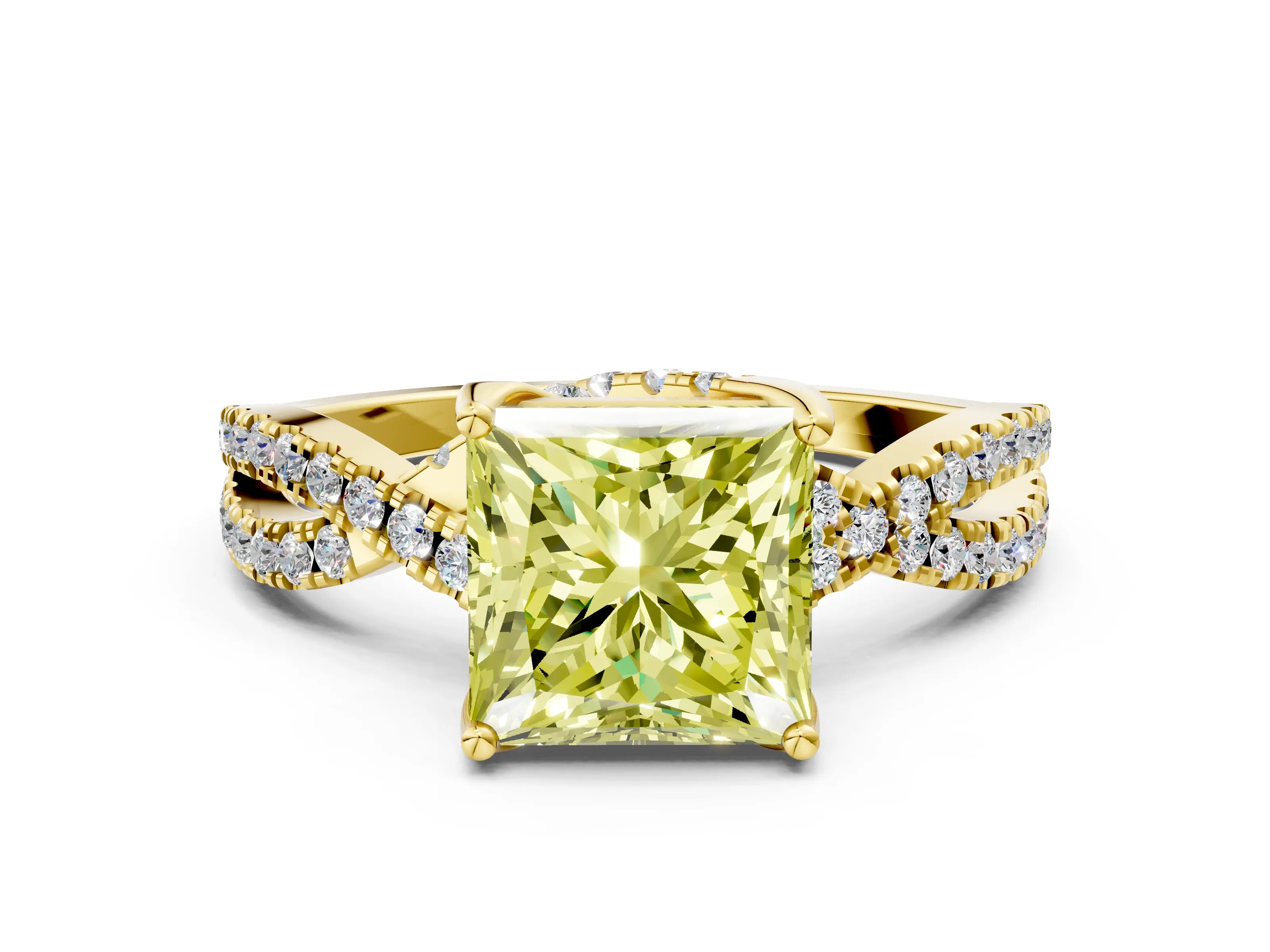Yellow gold Fancy Yellow Princess Cut Solitaire Twist Pave Diamond Engagement Ring with Prong Setting_24