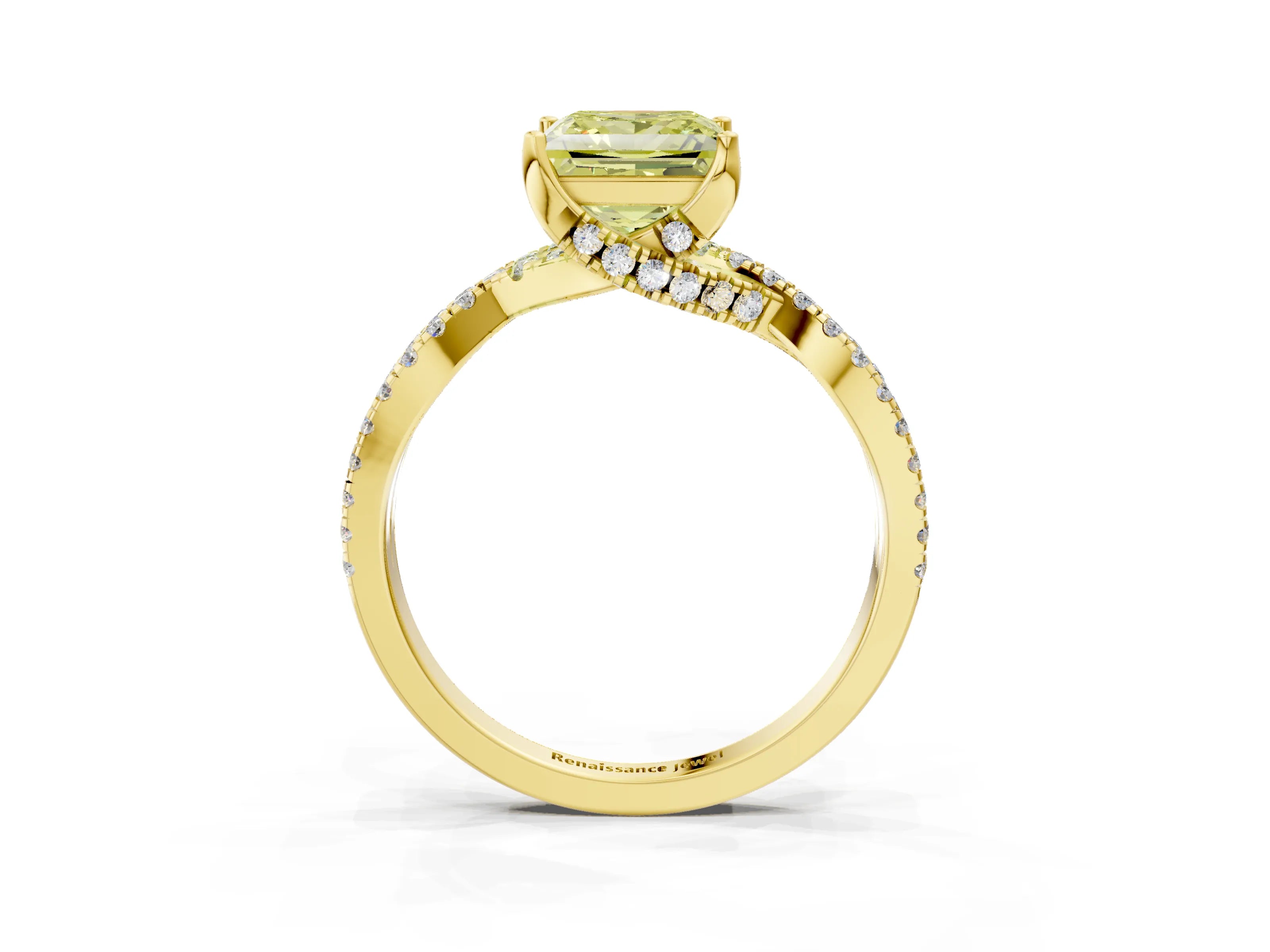 Yellow gold Fancy Yellow Princess Cut Solitaire Twist Pave Diamond Engagement Ring with Prong Setting_3