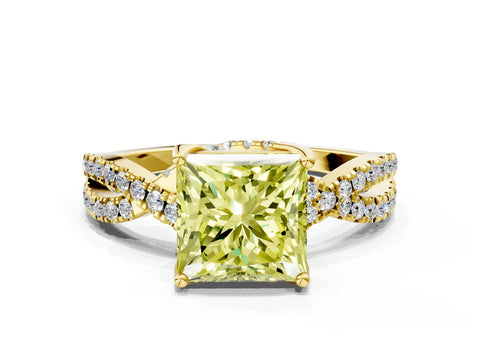 Yellow gold Fancy Yellow Princess Cut Solitaire Twist Pave Diamond Engagement Ring with Prong Setting