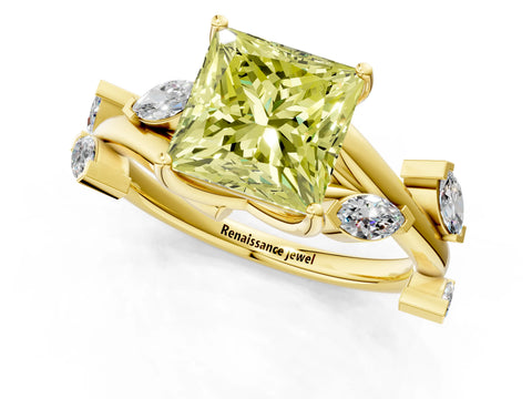 Yellow gold Fancy Yellow Princess Cut Solitaire Twisted Band Marquise Accent Prong Setting Ring_1