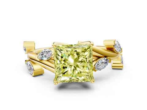 Yellow gold Fancy Yellow Princess Cut Solitaire Twisted Band Marquise Accent Prong Setting Ring