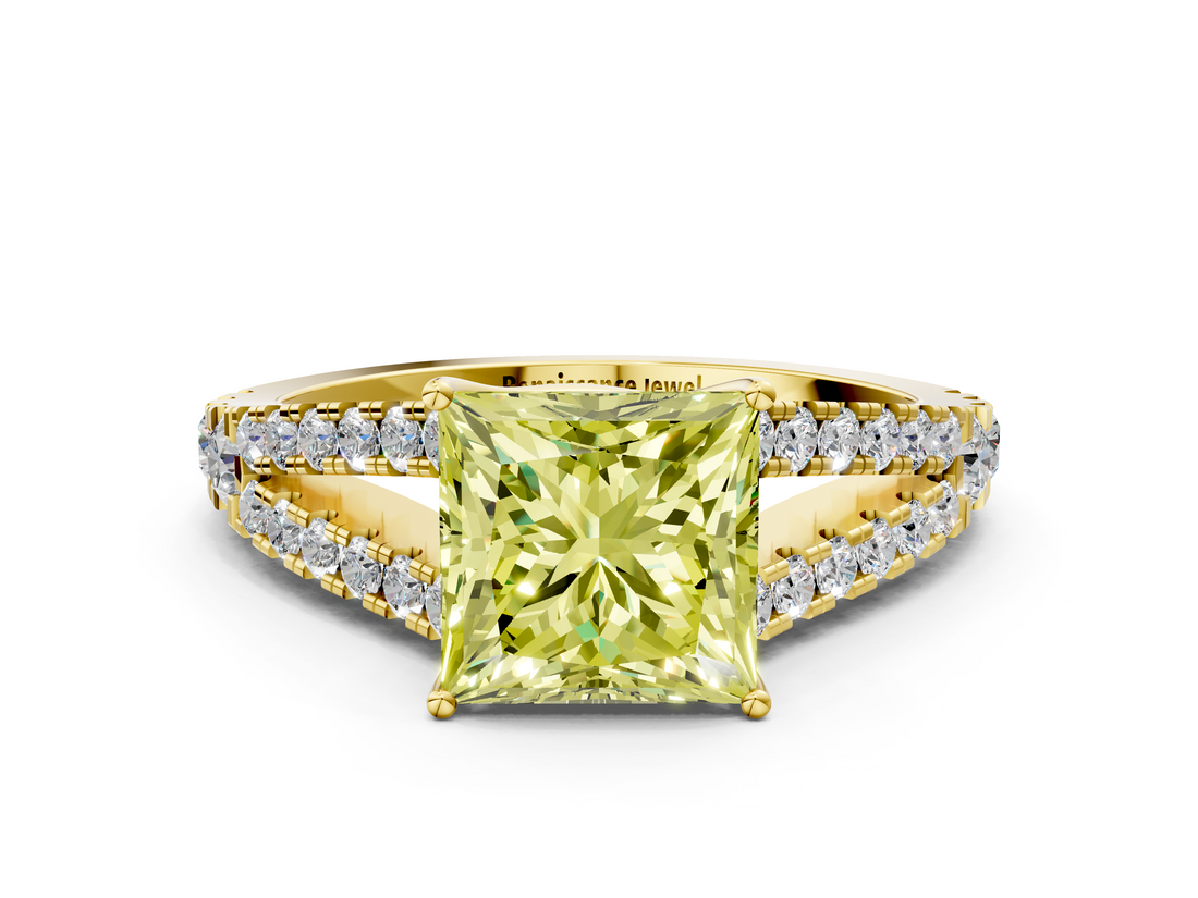 Yellow gold Fancy Yellow Princess  Cut Split Shank Pave Diamond Engagement Ring with Four-Prong Setting