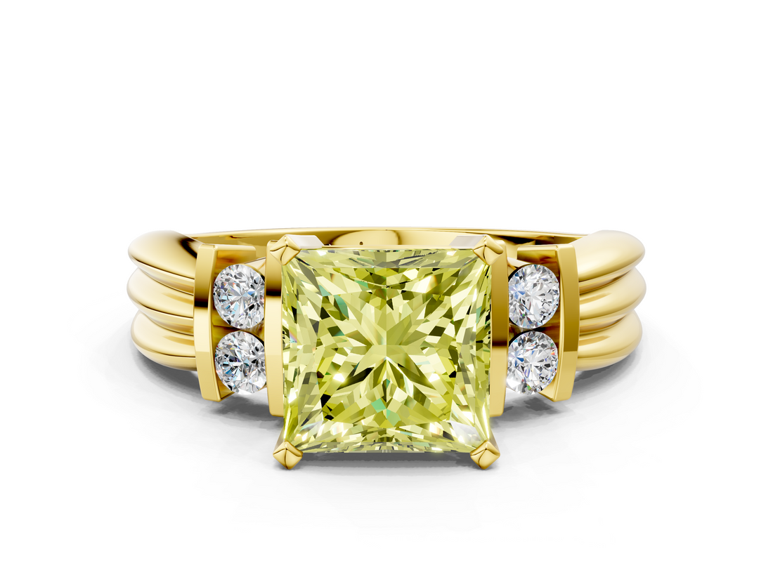 Yellow gold Fancy Yellow Princess  Cut Three-Stone Channel Set Ring with Bar Prongs