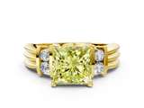Yellow gold Fancy Yellow Princess  Cut Three-Stone Channel Set Ring with Bar Prongs