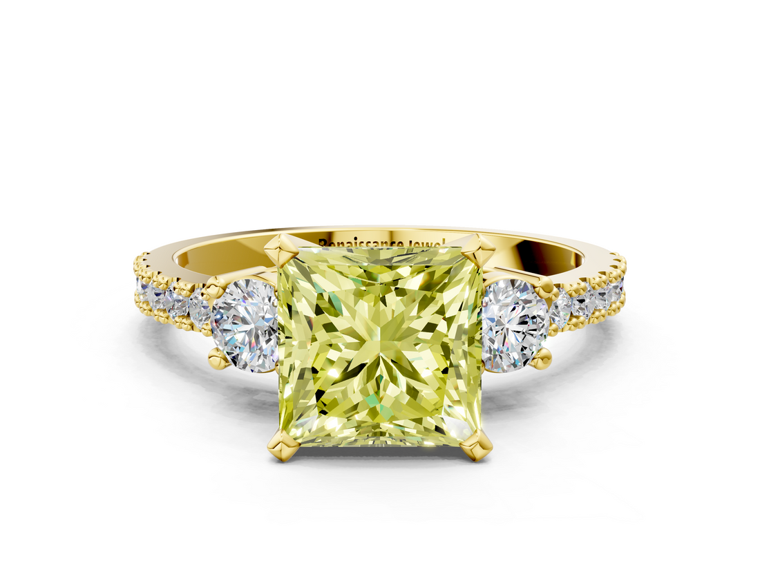 Yellow gold Fancy Yellow Princess  Cut Three-Stone Diamond Pavé Band with Prong Setting