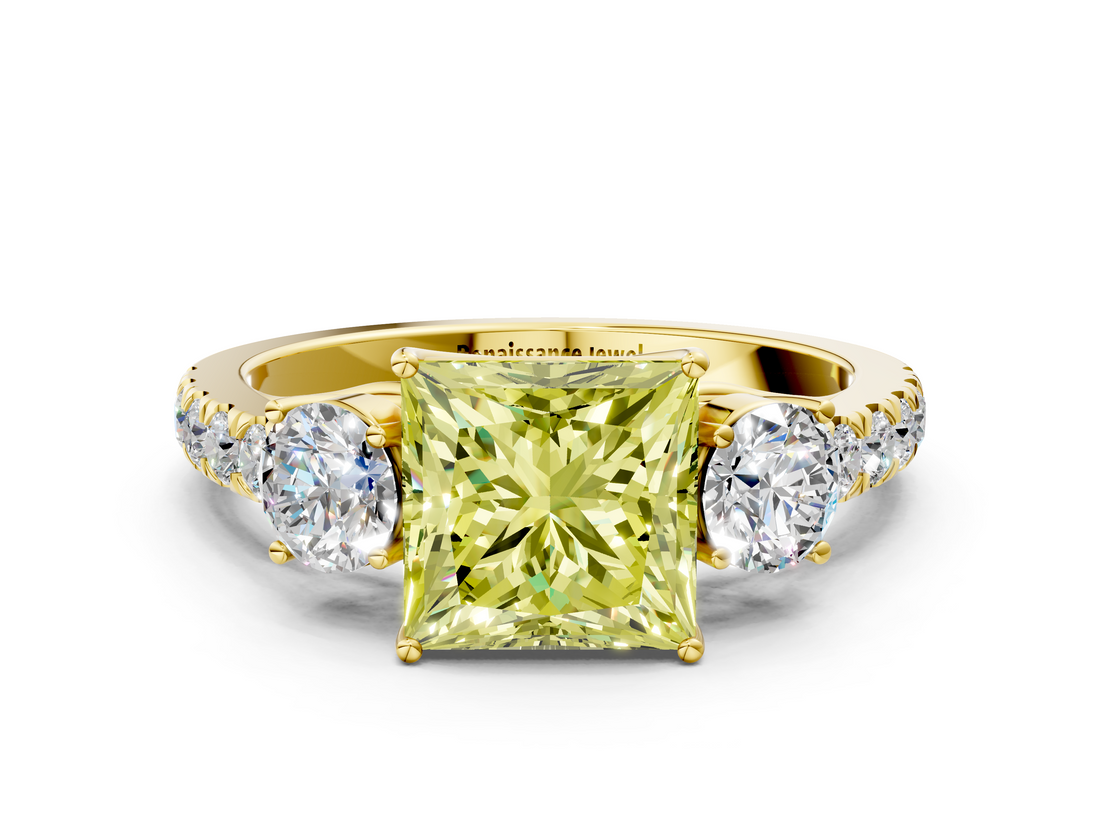 Yellow gold Fancy Yellow Princess  Cut Three-Stone Diamond Pave Band with Prong Setting_17
