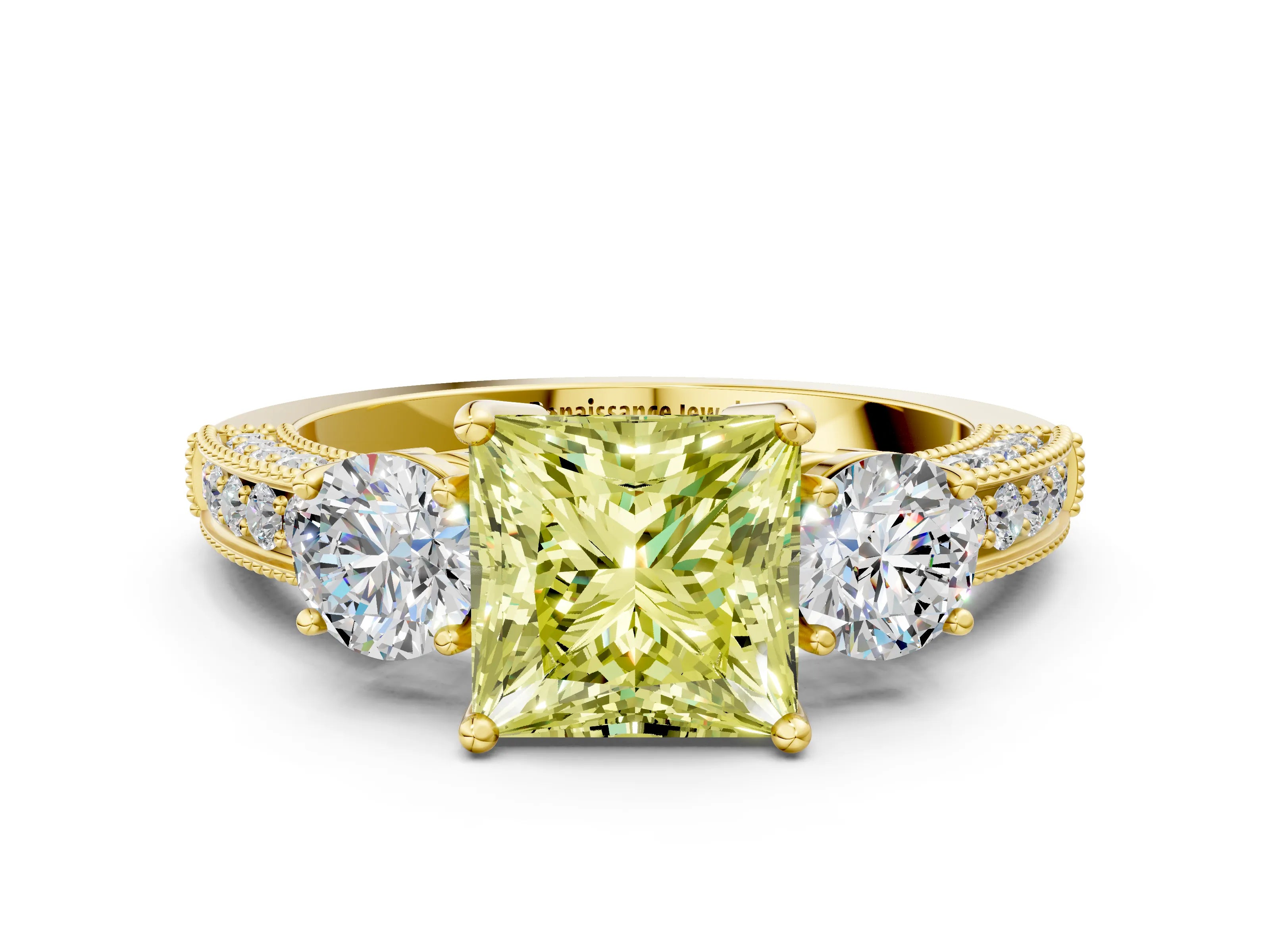 Yellow gold Fancy Yellow Princess Cut Three-Stone Diamond Ring with Pavé Band and Four-Prong Setting
