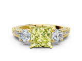 Yellow gold Fancy Yellow Princess Cut Three-Stone Diamond Ring with Pavé Band and Four-Prong Setting