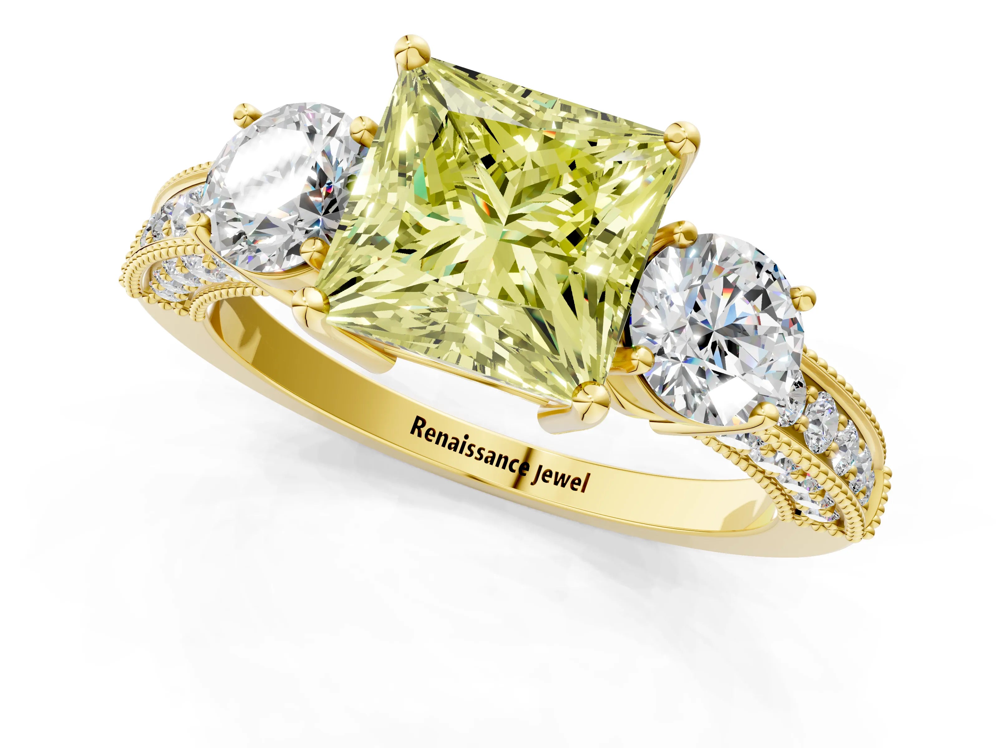 Yellow gold Fancy Yellow Princess Cut Three-Stone Diamond Ring with Pavé Band and Four-Prong Setting_1