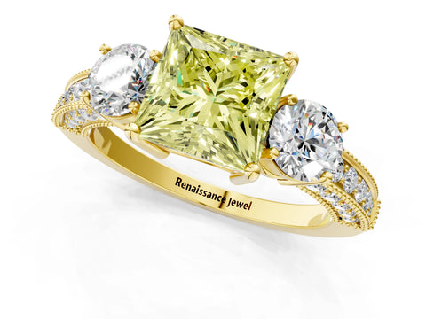 Yellow gold Fancy Yellow Princess Cut Three-Stone Diamond Ring with Pavé Band and Four-Prong Setting_1