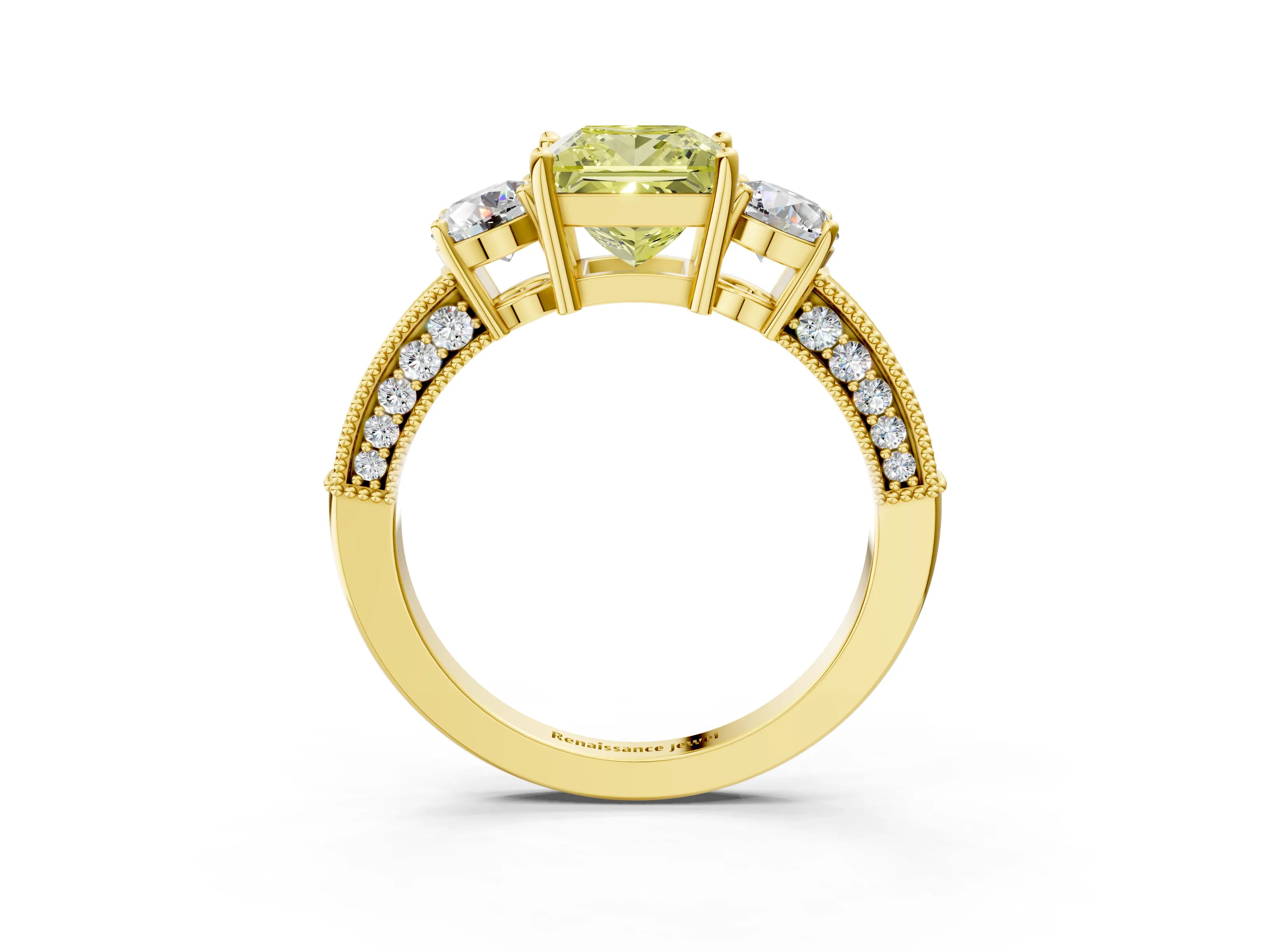 Yellow gold Fancy Yellow Princess Cut Three-Stone Diamond Ring with Pavé Band and Four-Prong Setting_3