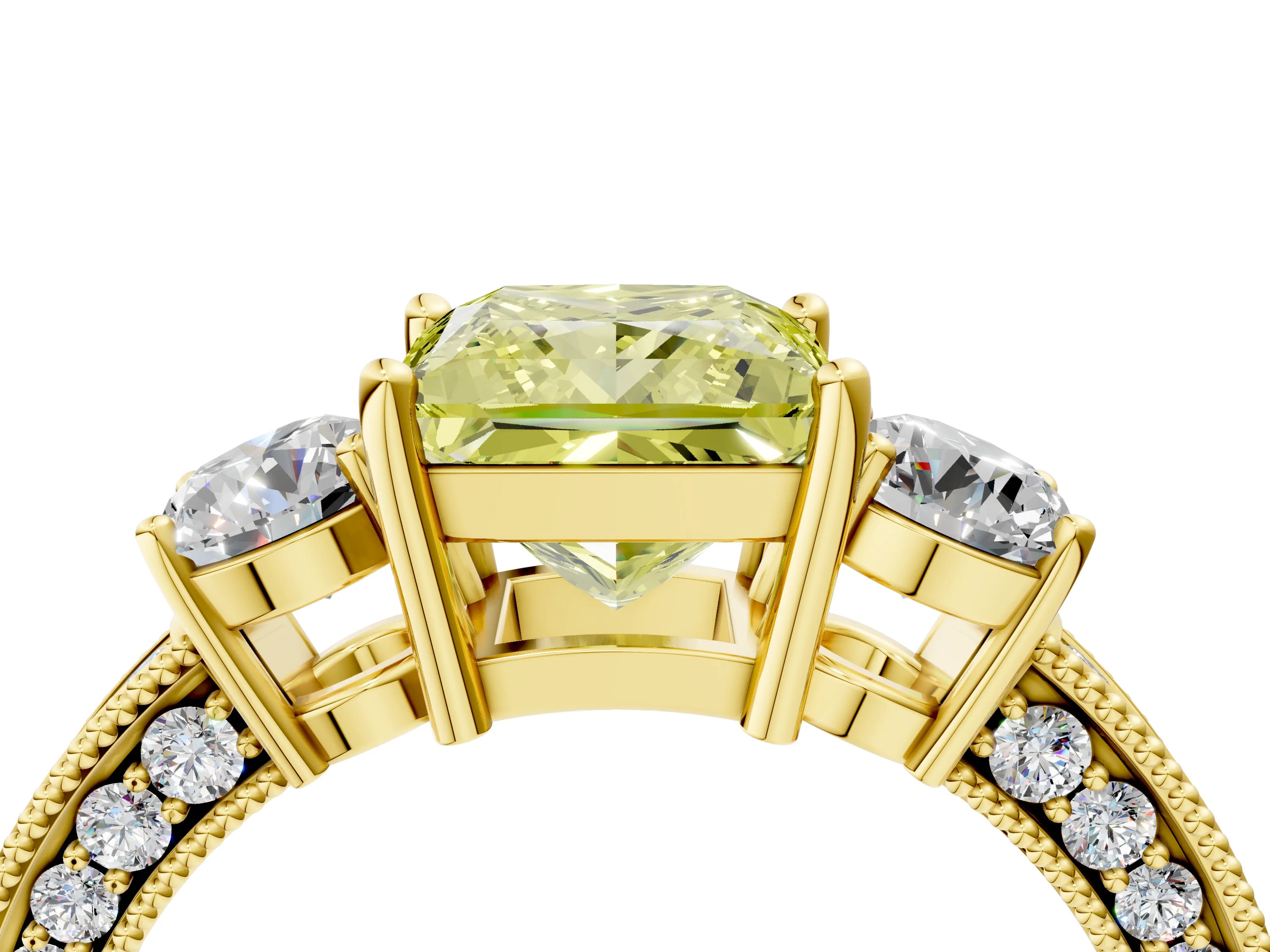 Yellow gold Fancy Yellow Princess Cut Three-Stone Diamond Ring with Pavé Band and Four-Prong Setting_4