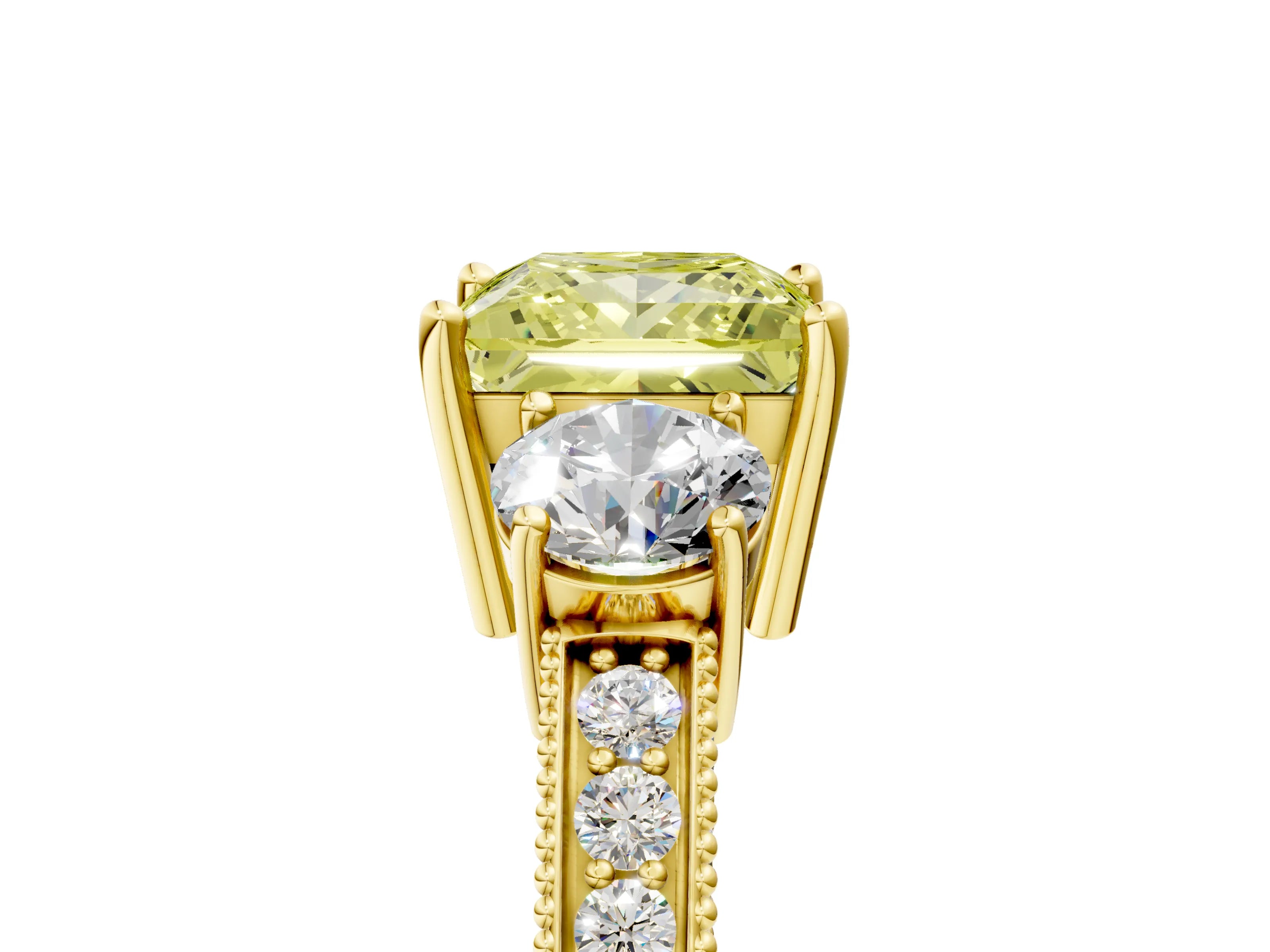 Yellow gold Fancy Yellow Princess Cut Three-Stone Diamond Ring with Pavé Band and Four-Prong Setting_5